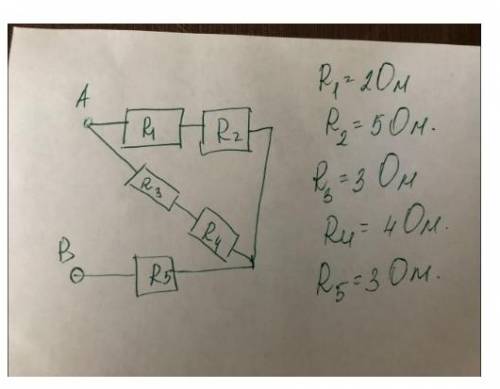 ФИЗИКА 8 КЛАСС Определите общее сопротивление цепи и общую силу тока ,если напряжение на участке AB