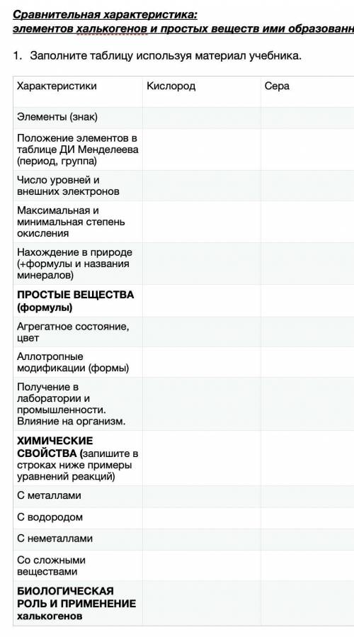 ЗАПОЛНИТЬ ТАБЛИЦУ Сравнительная характеристика: элементов халькогенов и простых веществ ими образова