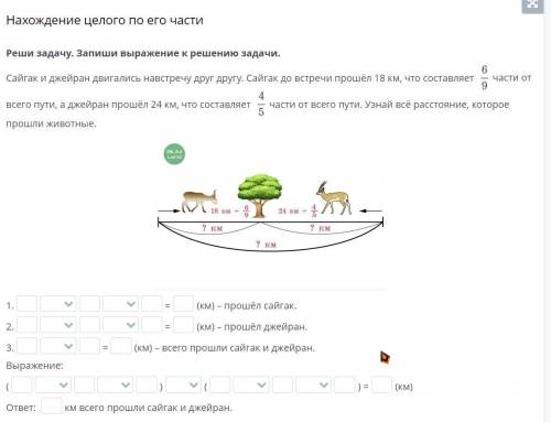 Нахождение целого по его части Реши задачу. Запиши выражение к решению задачи. Сайгак и джейран двиг
