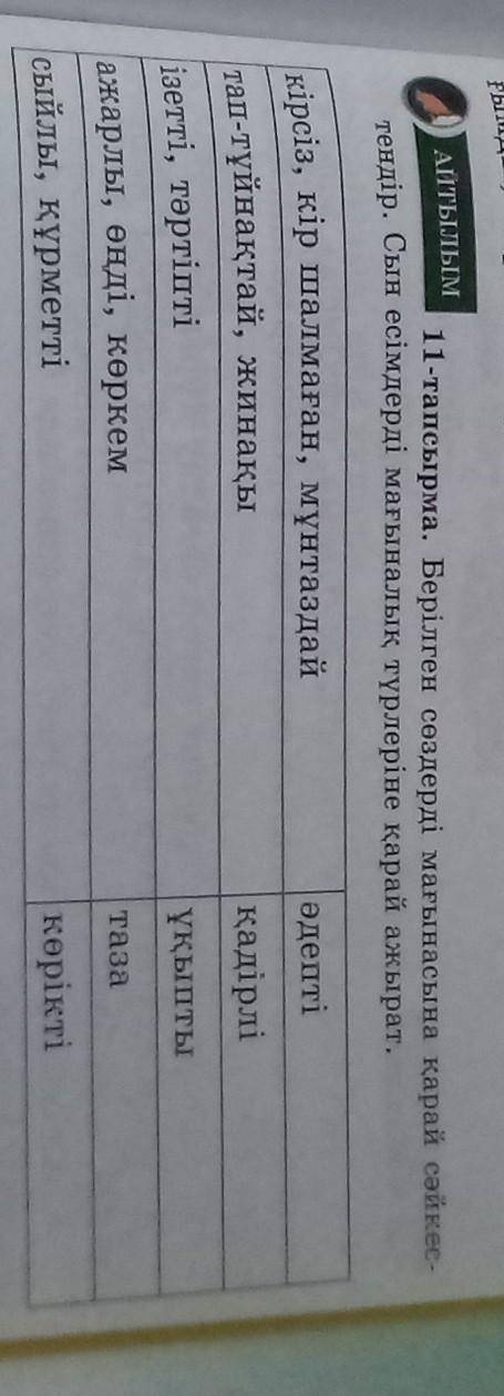 Берілген сөздерді мағынасына қарай сәйкестендір. Сын есімдерді мағыналық түрлеріне қарай ажырат көме