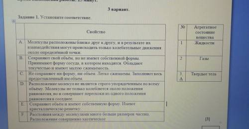 3 вариант. Задание 1. Установите соответствие.NoСвойствоАгрегатноеСостояниевеществаЖидкости12Газы3Тв