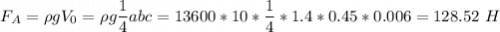 F_A = \rho g V_0 = \rho g \dfrac 1 4 abc = 13600*10*\dfrac 1 4 *1.4*0.45*0.006 = 128.52~H