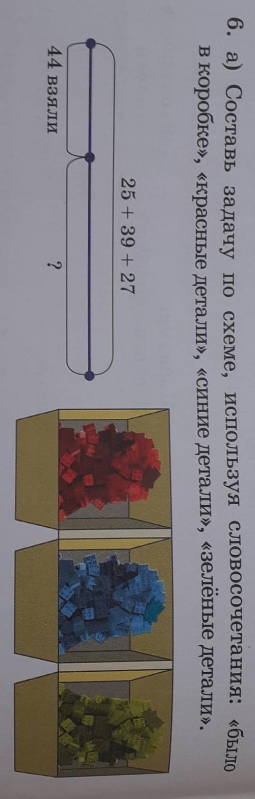составь задачу по схеме используя словосочетания было в коробке и красные детали синие детали и зелё