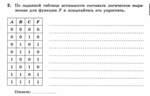 на данной таблице истинности составьте логическое выражение для функции F и попытайтесь его упростит