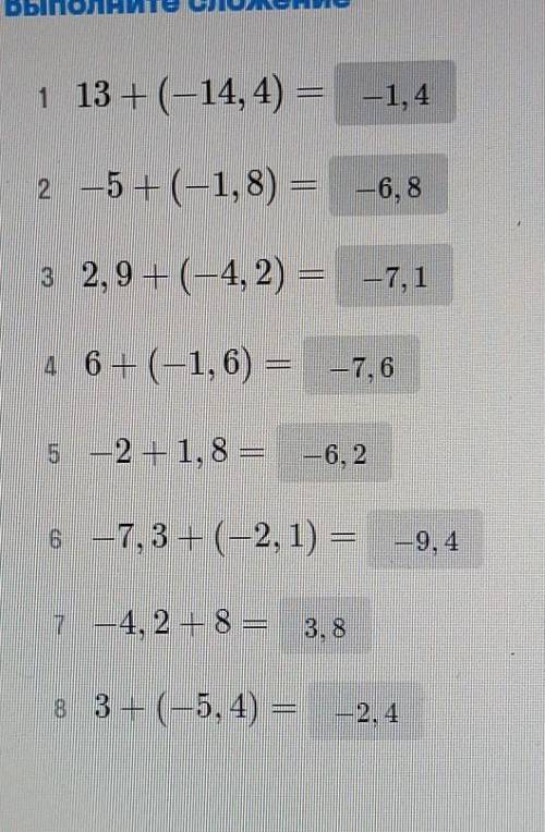 Выполните сложение 1 13+ (-14, 4) = -1,42 -5 + (-1,8) =6.83 2,9+ (-4, 2) = -7,14 6+ (-1,6) = -7,65 -