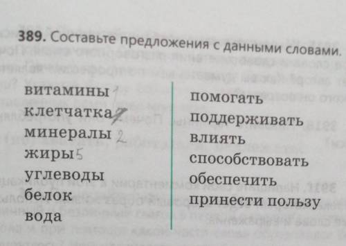 389. Составьте предложения с данными словами. витамины клетчатка минералыжирыуглеводыбелокподдержива