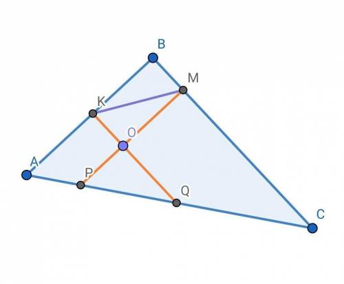 Дан произвольный треугольник и выбранная в нём точка O. Через эту точку проведены две прямые: PM ||