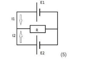 Два источника питания Е1=2В и Е2=1В соединены по схеме, указанной на рисунке. Сопротивление R=5 Ом.