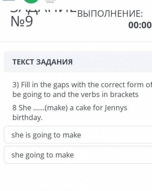 Fil in the gaps with the correct form of be going to and the verbs brackets 8) She Make a cake for J