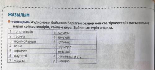 Аудиомәтін бойынша берілген сөздер мен сөз тіркестепрін мағынасына қарай сәйкестіріп, сөйлем құра. Б