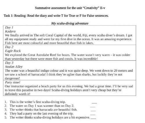 Summative assessment for the unit Creativity II-v Task 1: Reading: Read the diary and write T for