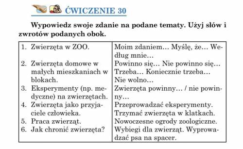 ĆWICZENIE 30 Wypowiedz swoje zdanie na podane tematy. Użyj słów i zwrotów podanych obok. 1. Zwierzęt