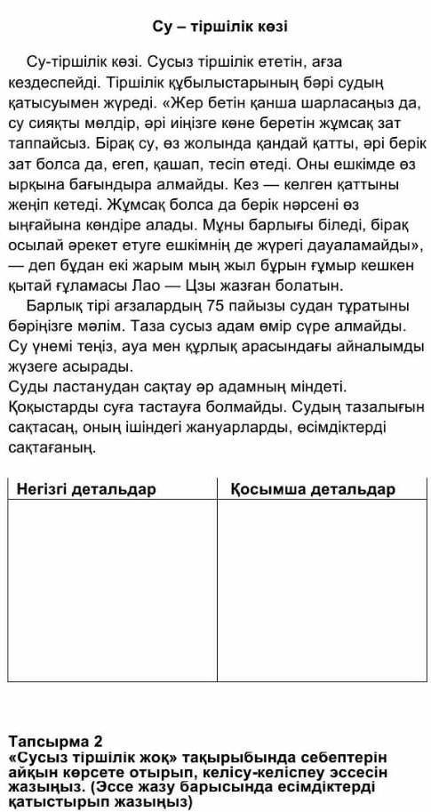 1- тапсырма. мәтіннен негізгі және қосымша детальді ақпаратты анықтаңыз. Су тіршілік көзі​