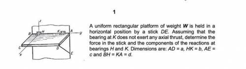 A uniform rectangular platform of weight W is held in a horizontal position by a stick DE. Assuming