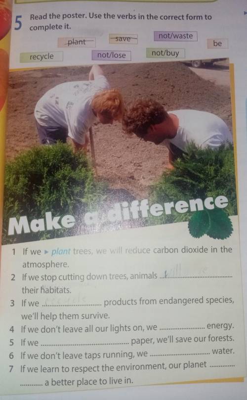 5 Read the poster. Use the verbs in the correct form tocomplete it.not/wasteplantberecyclenot lose n