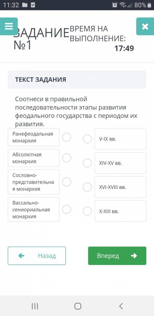 Соотнеси в правильной последовательности этапы развития феодального государства с первого развития с