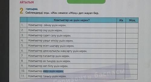 Иә Жоқ5.Компьютер не үшін керек?1. Компьютер ойнау үшін керек.2.Компьютер оқу үшін керек.3. Компьюте