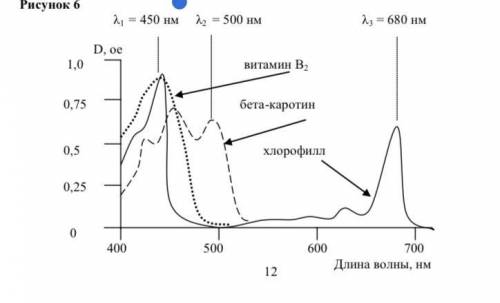 На рис. 6 изображены спектры поглощения растворов хлорофилла, витамина В2 и β-каротина. Характерные