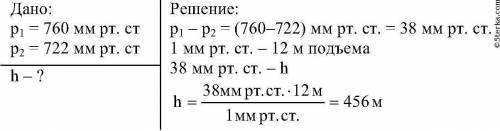 у подножия горы барометр показывает давления , равное 760 мм .от.ст , а на вершине -728мм.рт.ст , оп