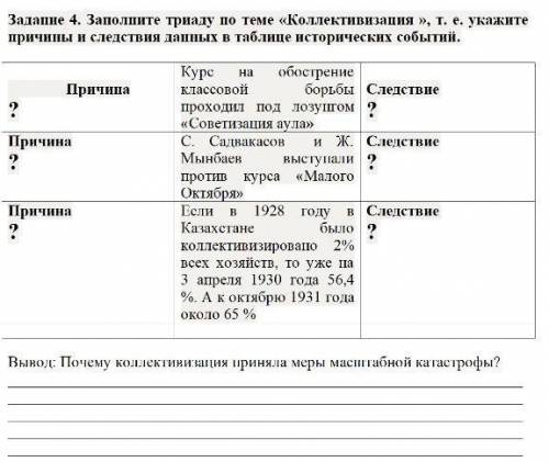 Заполните триаду по теме «Коллективизация », т. е. укажите причины и следствия данных в таблице исто