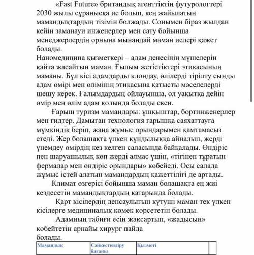 1-тапсырма . Мәтінді түсініп оқып, мамандықтар мен олардың қызметін сәйкестендіріңіз.