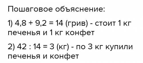 купили порівну печиво і цукерки на загальну суму 42 грн. Печиво коштувало 4,8 грн за кілограм, а цук