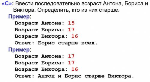 НУЖНО ввести последовательность возраст антона бориса и виктора определить кто из них старше.