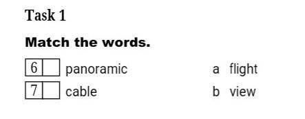 Task 1 Match the words.[6 panoramic[7]cablea flightb view​