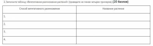 Заполните таблицу «Вегетативное размножение растений» (приведите не менее четырех примеров).