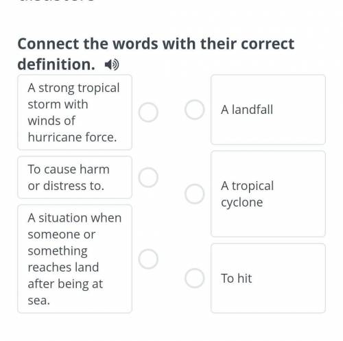 Disasters Connect the words with their correct definition.A strong tropical storm with winds of hurr