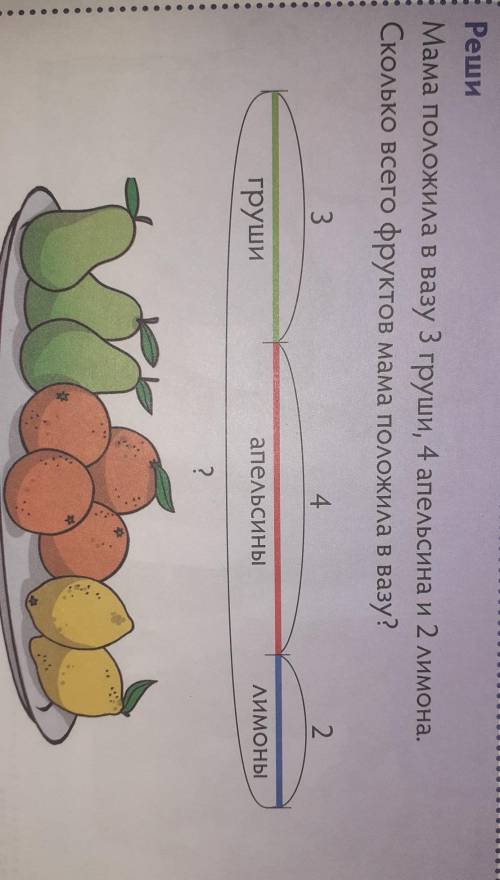 Мама положила в вазу 3 груши,4 апельсина и 2 лимона.Сколько всего фруктов мама положила в вазу?​