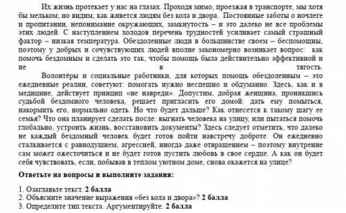 СОЧ! 1. Озаглавьте текст.2. Объясните значение выражения «без кола и двора»?3. Определите тип текста