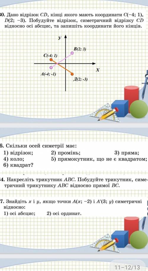 Дано відрізок СD, кінці якого мають координати С(-43B 1), D(2; -3). Побудуйте відрізок, симетричний