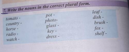 7. Write the nouns in the correct plural form. tomato -pot -country -photo-horse -glass -radio -watc