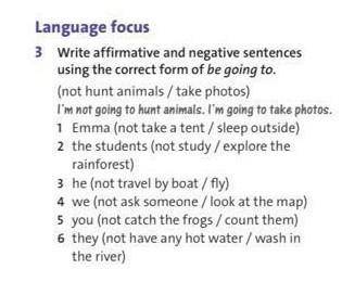 1 ) Emma ( not take a tent / sleep outside)2) The students (not study / explore the rainforest)3) He