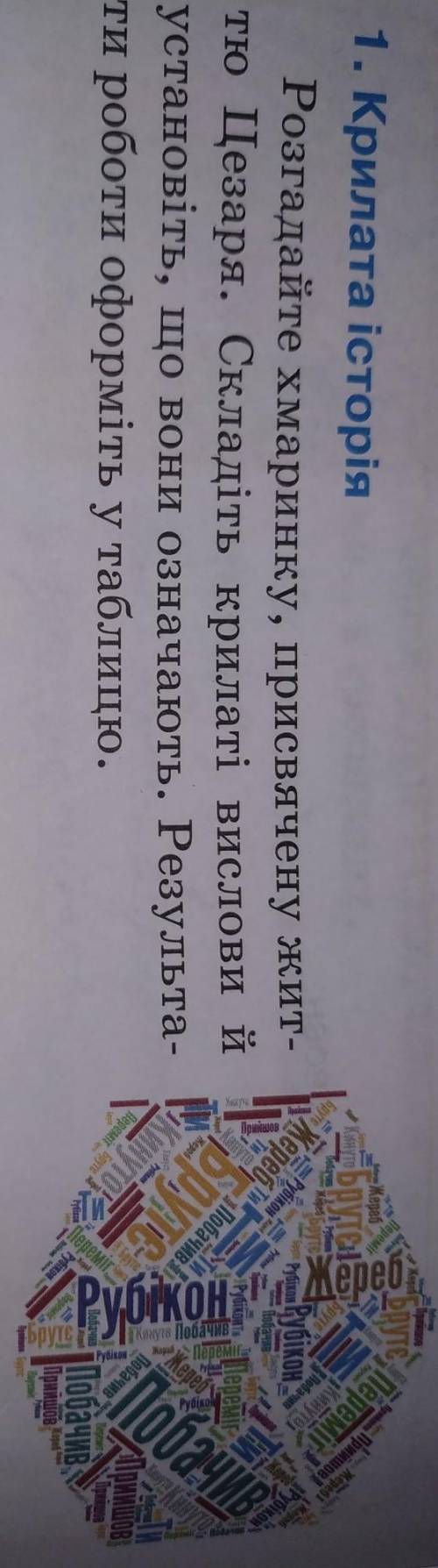 1. Крилата історія Розгадайте хмаринку, присвячену жит-тю Цезаря. Складіть крилаті вислови йустанові