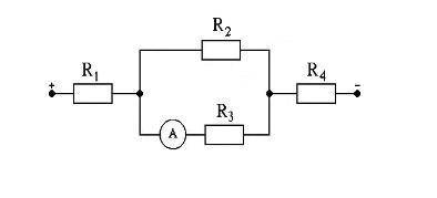 Показание амперметра 5 А, R 1 = 5 Ом; R 2 = 25 Ом; R 3 = 10 Ом; R 4 = 6 Ом. Найти распределение токо