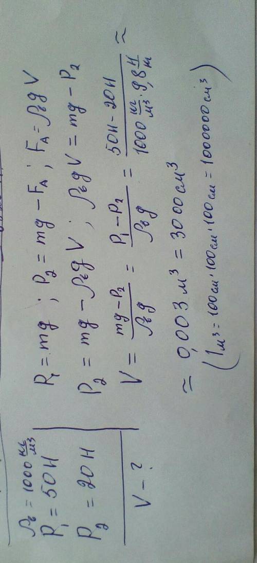Рассчитайте объём тела если известно что вес тела на воздухе составляет 50 Н в пресной воде 20 H отв