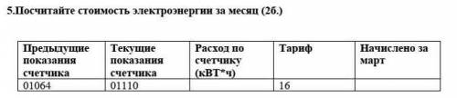 5.Посчитайте стоимость электроэнергии за месяц (2б.)   Предыдущие показания счетчикаТекущие показани