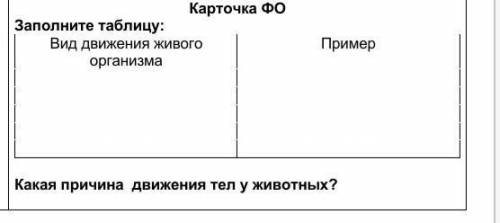 Карточка ФО Заполните таблицу:Вид движения живого организма Пример ​