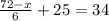 \frac{72 - x}{6} + 25 = 34