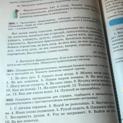 201. Объедините фразеологизмы, имеющие близкое значение, в три груп- пы и запишите их. Укажите значе