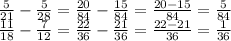 \frac{5}{21} - \frac{5}{28} = \frac{20}{84} - \frac{15}{84} = \frac{20 - 15}{84} = \frac{5}{84} \\ \frac{11}{18} - \frac{7}{12} = \frac{22}{36} - \frac{21}{36} = \frac{22 - 21}{36} = \frac{1}{36}