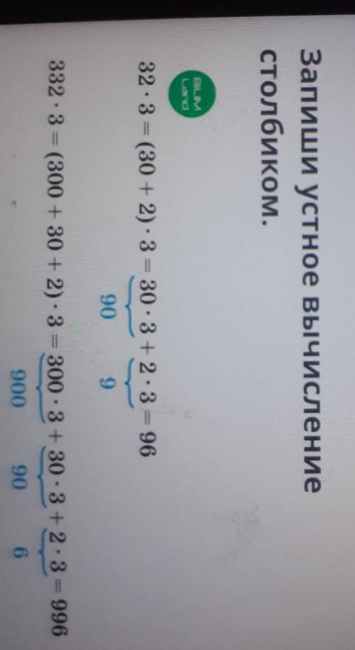 Запиши устное вычилление столбиком 32×3=(30+2)×3=30×3+2+3=96​