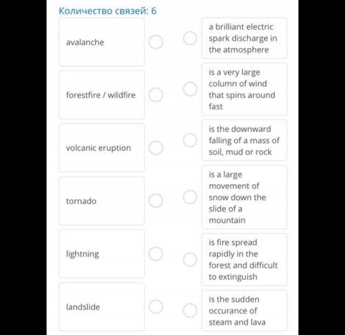 Match the words with their meanings. Количество связей: 6 avalanche forestfire / wildfire volcanic e