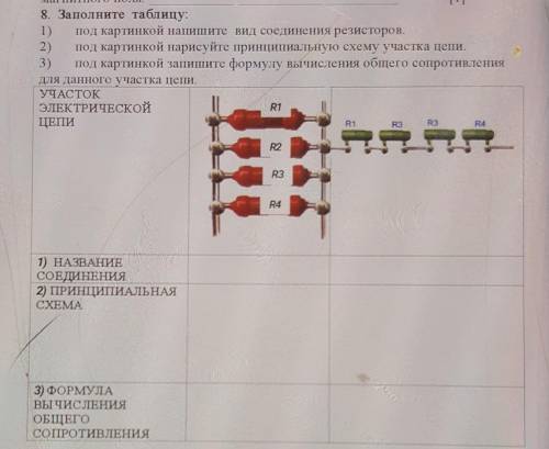 МаГНИТНОГО ПОЛЯ. 8. Заполните таблицу:1) под картинкой напишите вид соединения резисторов.2) под кар