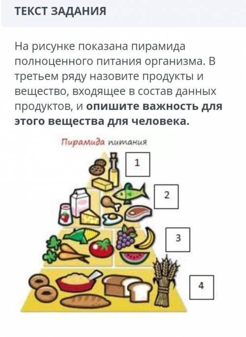 На рисунке показана пирамида полноценного питания организма. В третьем ряду назовите продукты и веще