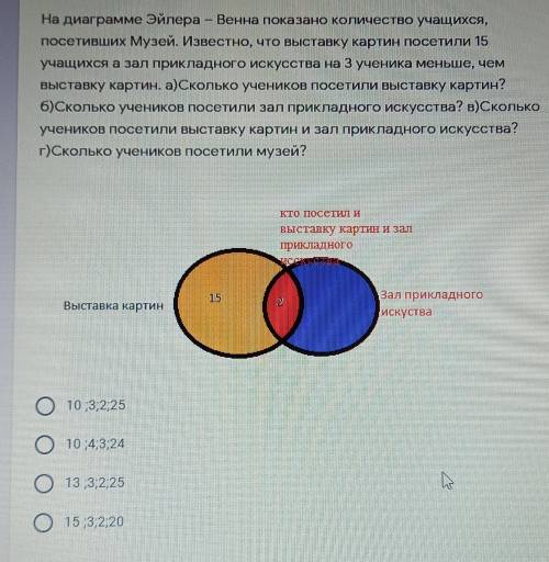 На диаграмме Эйлера-Венна показано количество учащихся посетивших Музей.Известно,что выставку картин