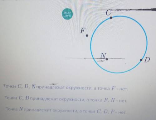 F DТочки С, D, принадлежат окружности, а точка F- нет.=Точки С, D принадлежат окружности, а точки F.