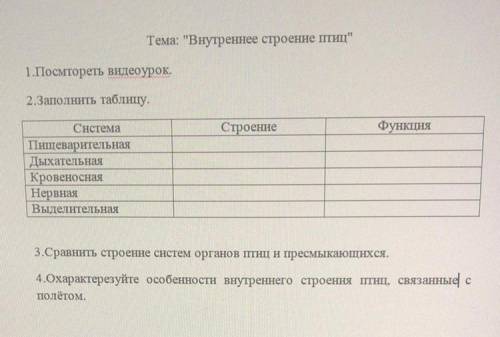 Тема : внутренне строение птиц.